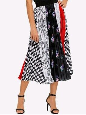 MSGM Multi-Panel Pleated Midi Skirt in Black, White & Red